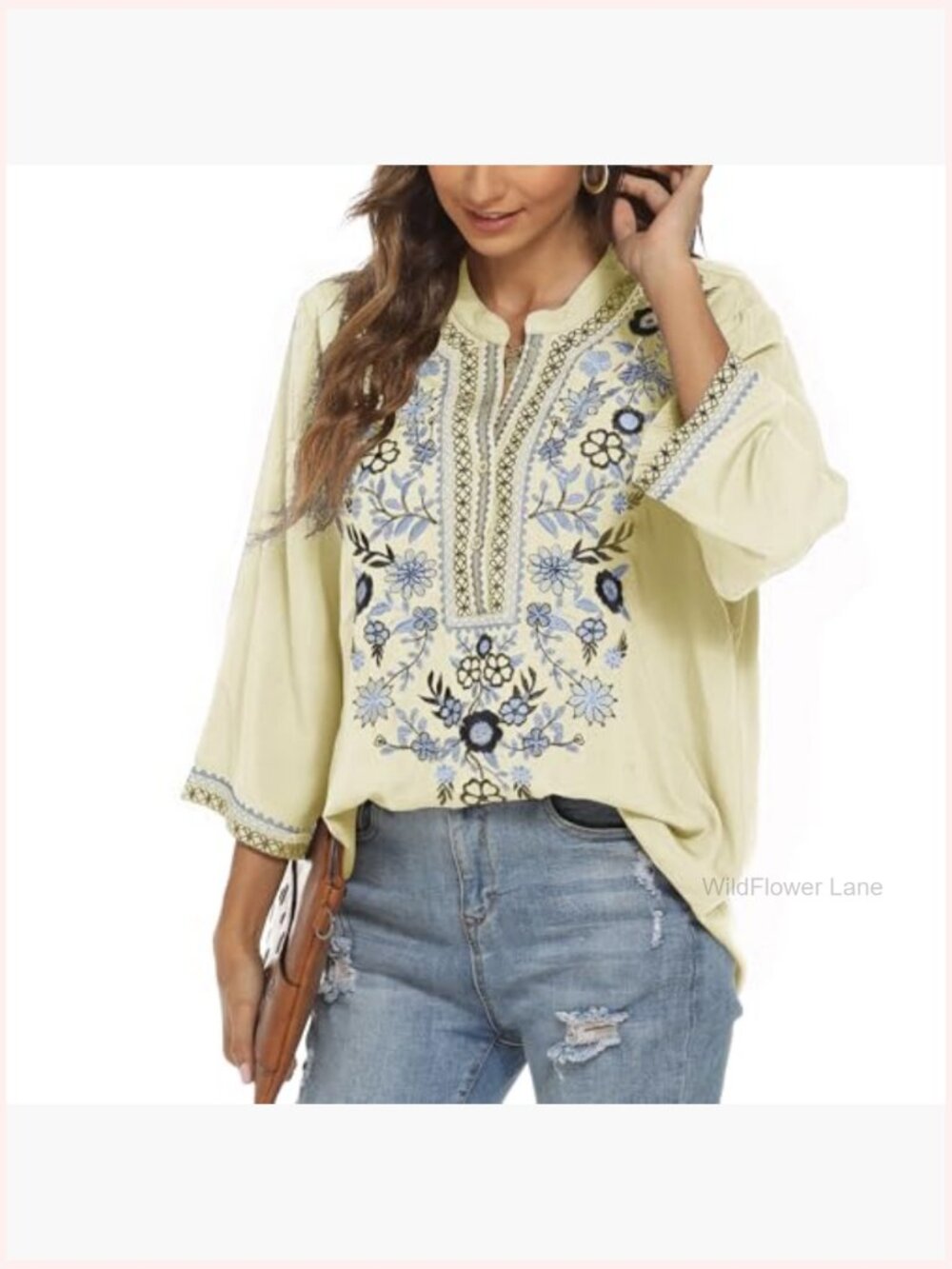 Mexican Embroidered Tunic Blouse Peasant Top 3/4 Sleeve V Neck - Picture 5 of 6